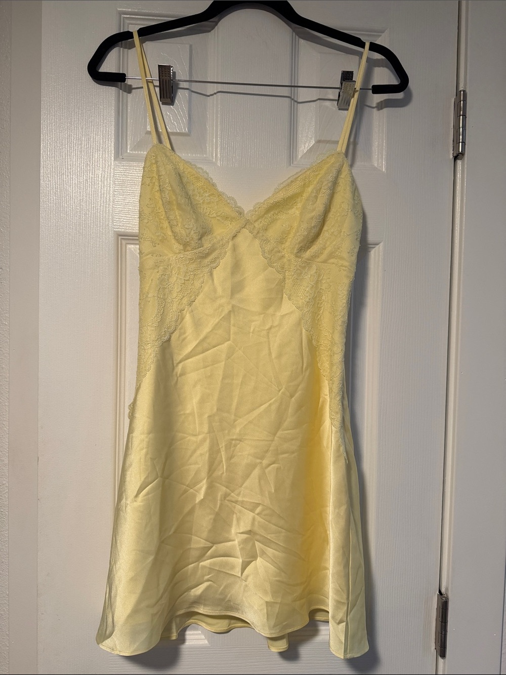 Soft Yellow Satin Lace Chemise with Adjustable Straps